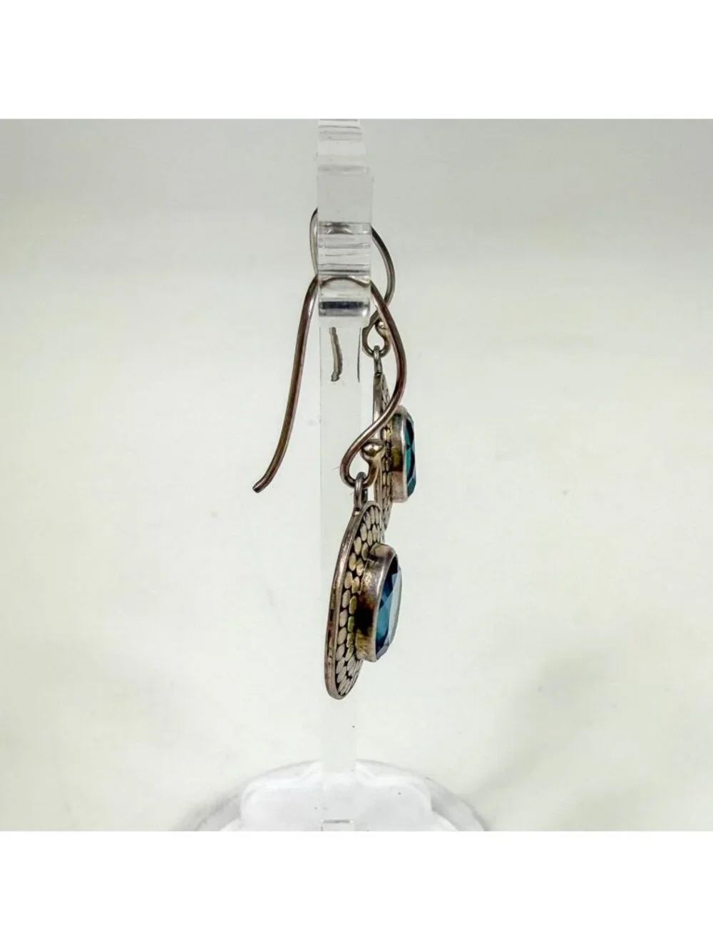 Sterling Silver Blue Topaz Fish Hook Pierced Earrings Oval Granular Textured